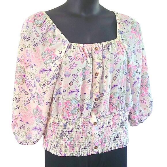 Excellent No Boundaries XXL Boho Floral Peasant Blouse 3/4 Sleeve Juniors Top - Picture 4 of 7